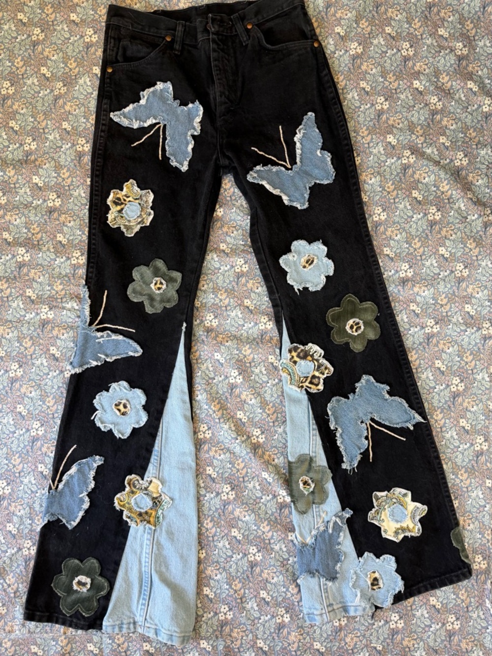 Wrangler Black Bell Bottom Jeans with Denim Patch Flower and Butterfly Patches